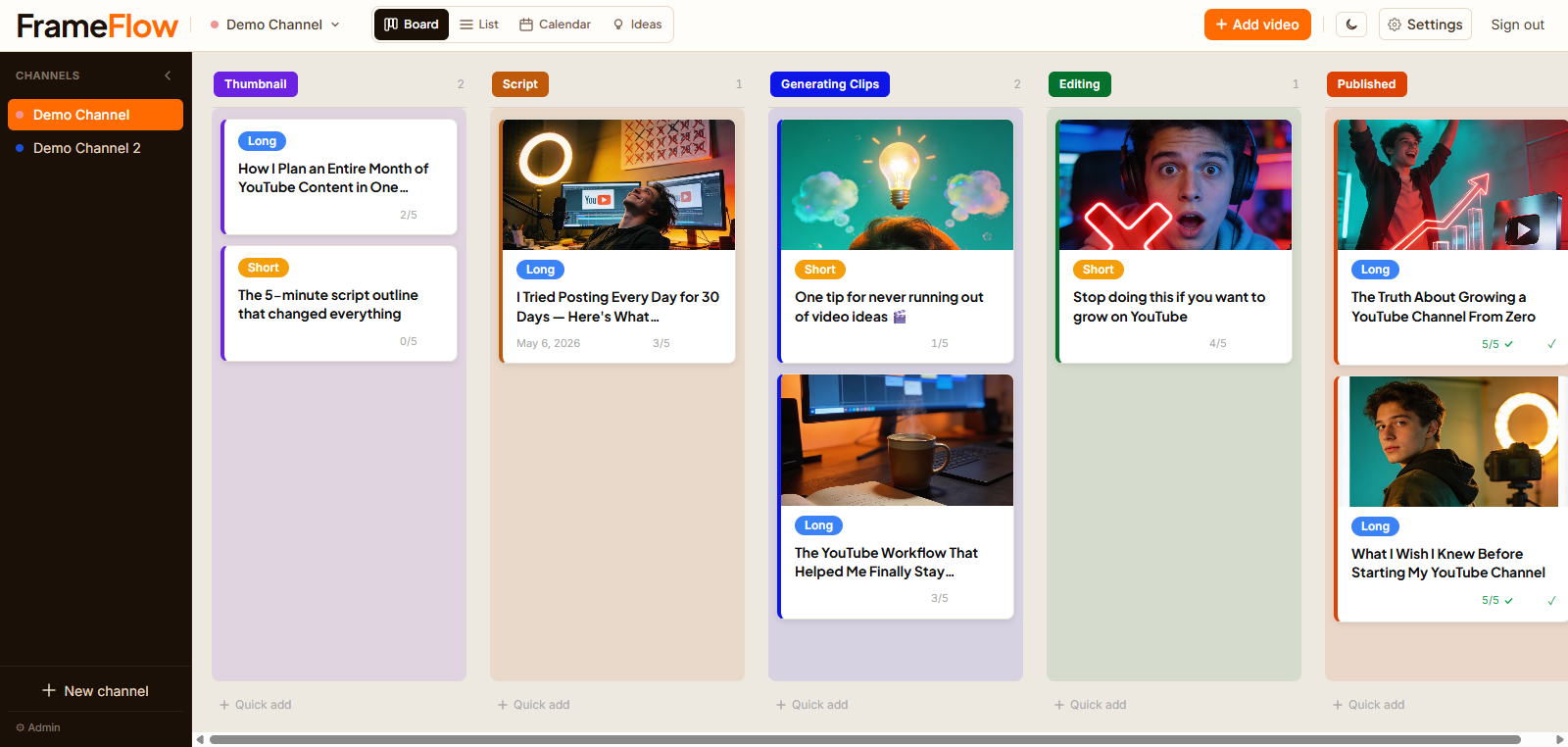 FrameFlow production board — track every YouTube video through your pipeline