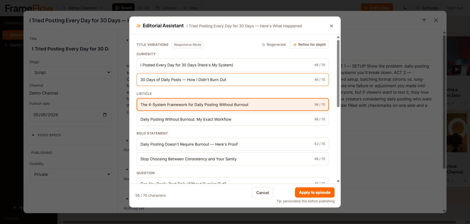 FrameFlow Editorial Assistant — generate YouTube title variations and description drafts from your script